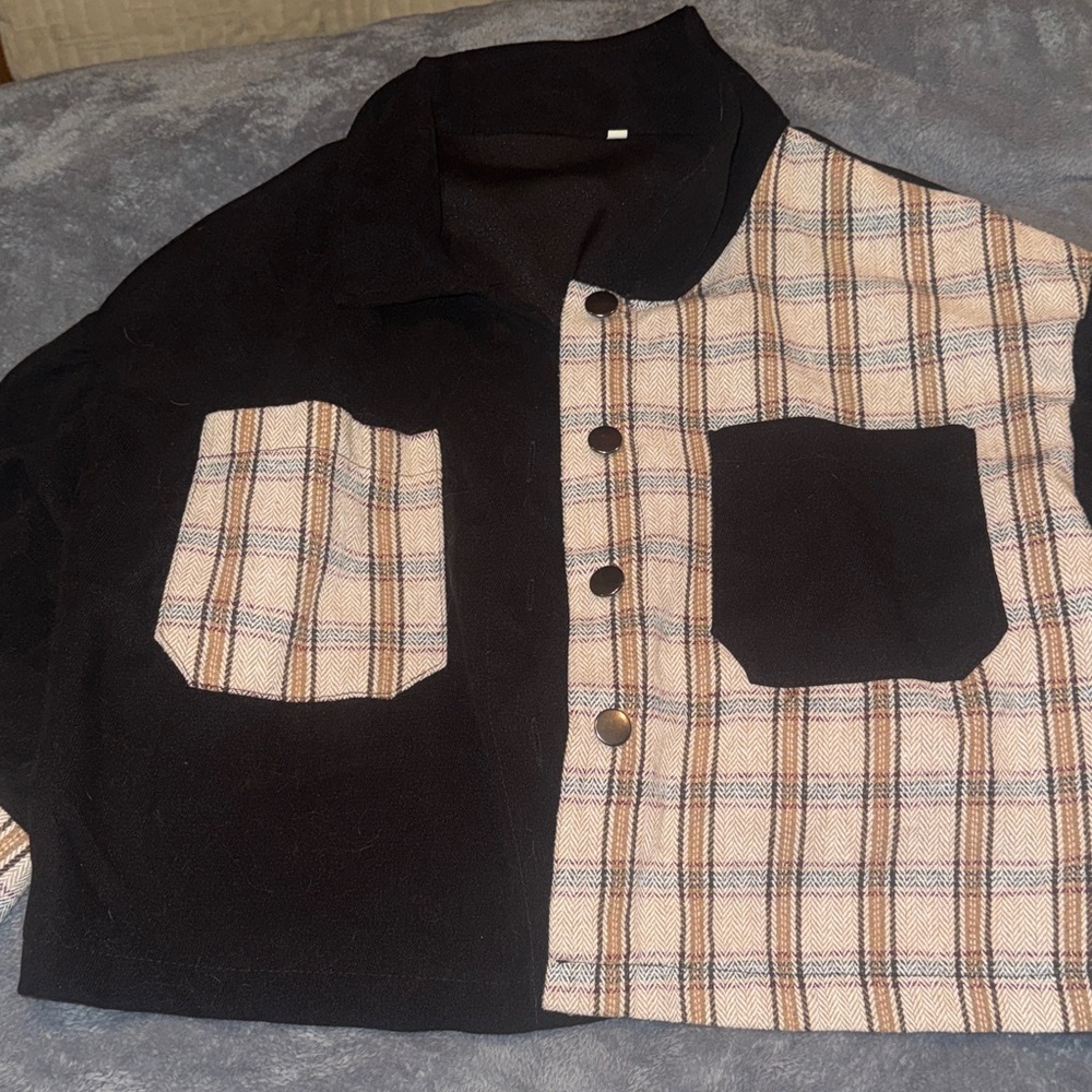 Plaid and Black Button-Up Flannel (Cropped)